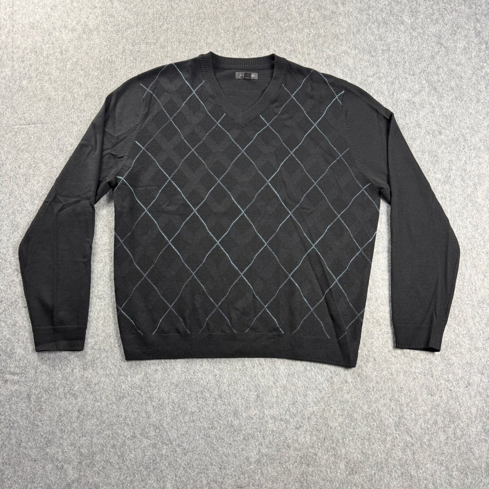 John W Nordstrom Mens Size XL V-Neck Sweater Fine Wool Black‎ Argyle Pullover